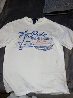 Polo by Ralph Lauren White Tee with Blue and Red Beach Graphic